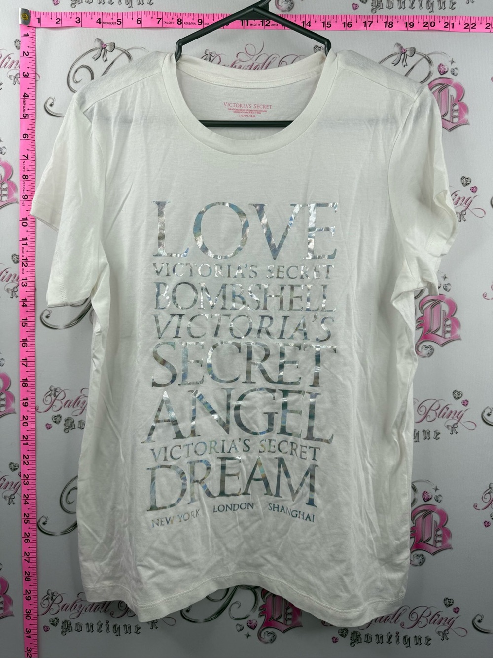 Victoria's Secret bombshell top White Short-Sleeve Graphic Tee Metallic Text